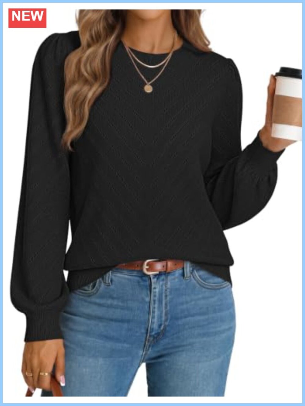 Womens Lightweight Eyelet Sweater Long Sleeve Puff Pullover Knit Top